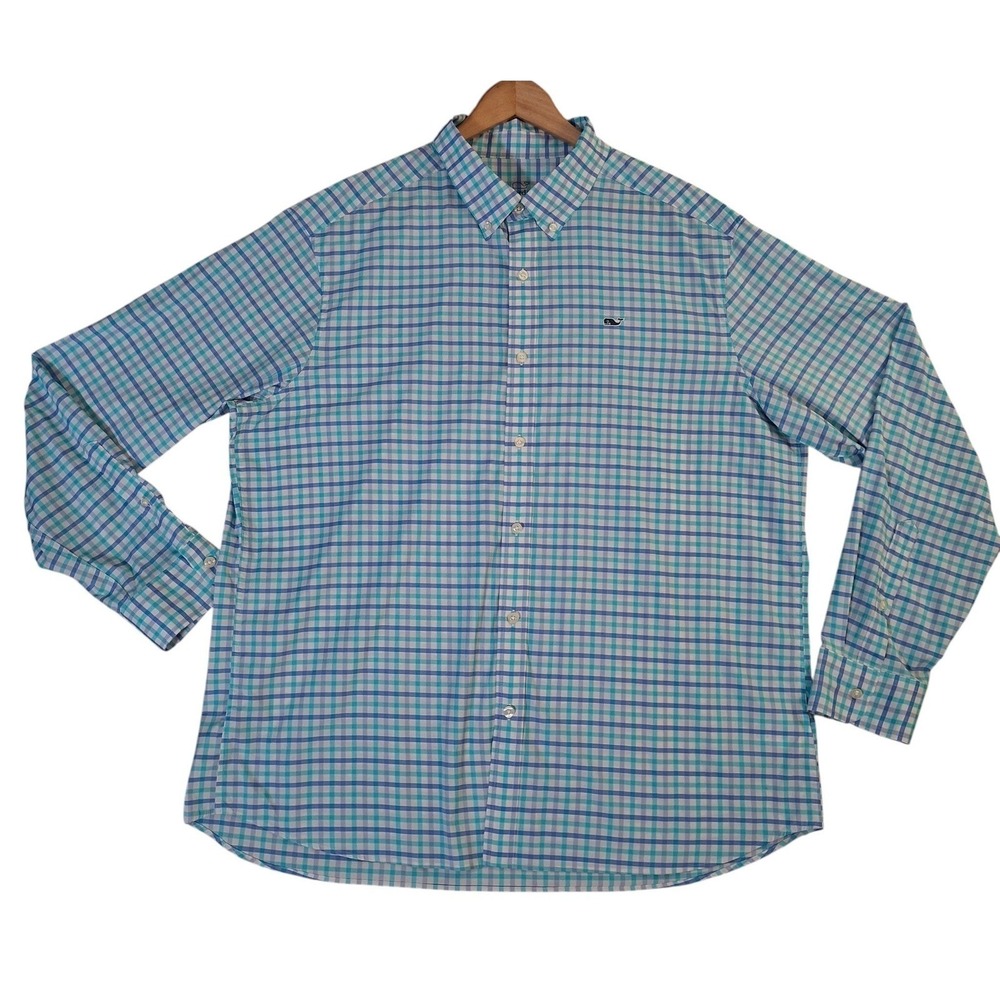 Vineyard Vines Performance Shirt Mens XL Blue Teal Plaid Classic Fit Whale Logo
